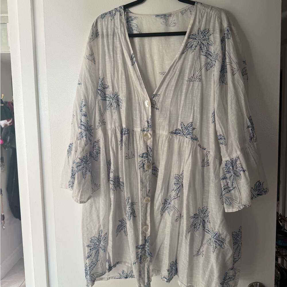 blue island white Button up Beach Dress with Blue Palm Print size 2X